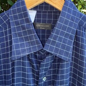 Corneliani Men's Navy Blue Windowpane Dress Shirt with Light Blue Grid Large